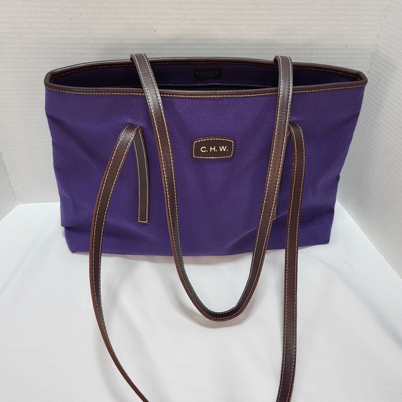 Purple Canvas 17" Shoulder Bucket Bag Carrying Tote with Brown Straps - Picture 3 of 11